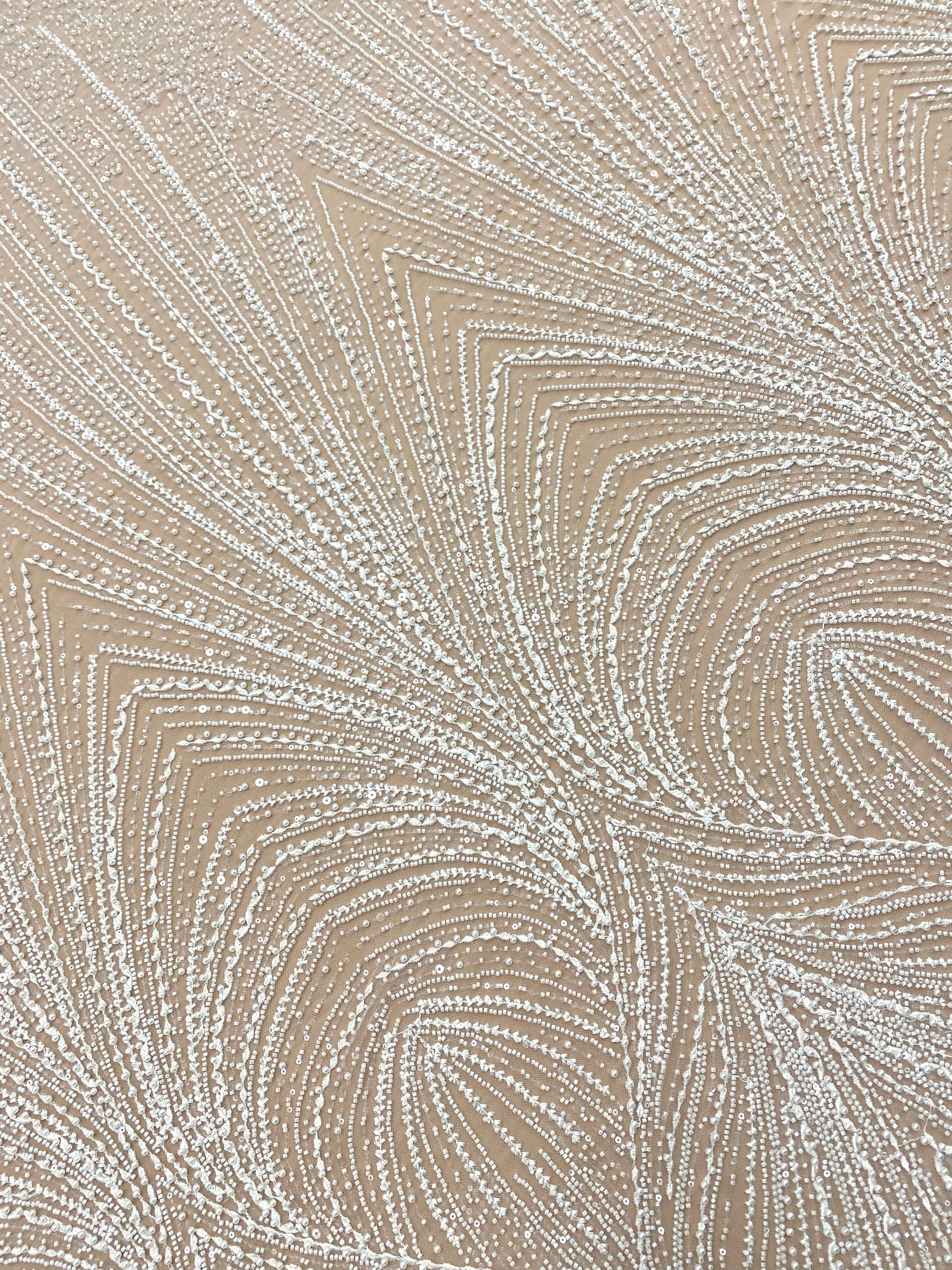 Dantela Couture Ivory cu Model Geometric, cu Perle, Margele si Paiete