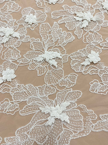 Dantela Couture 3D cu Flori Ivory, cu Margele si Paiete