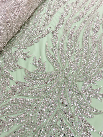 Dantela Couture Argintie pe Tulle Verde Menta cu Panou, cu Perle, Margele si Paiete