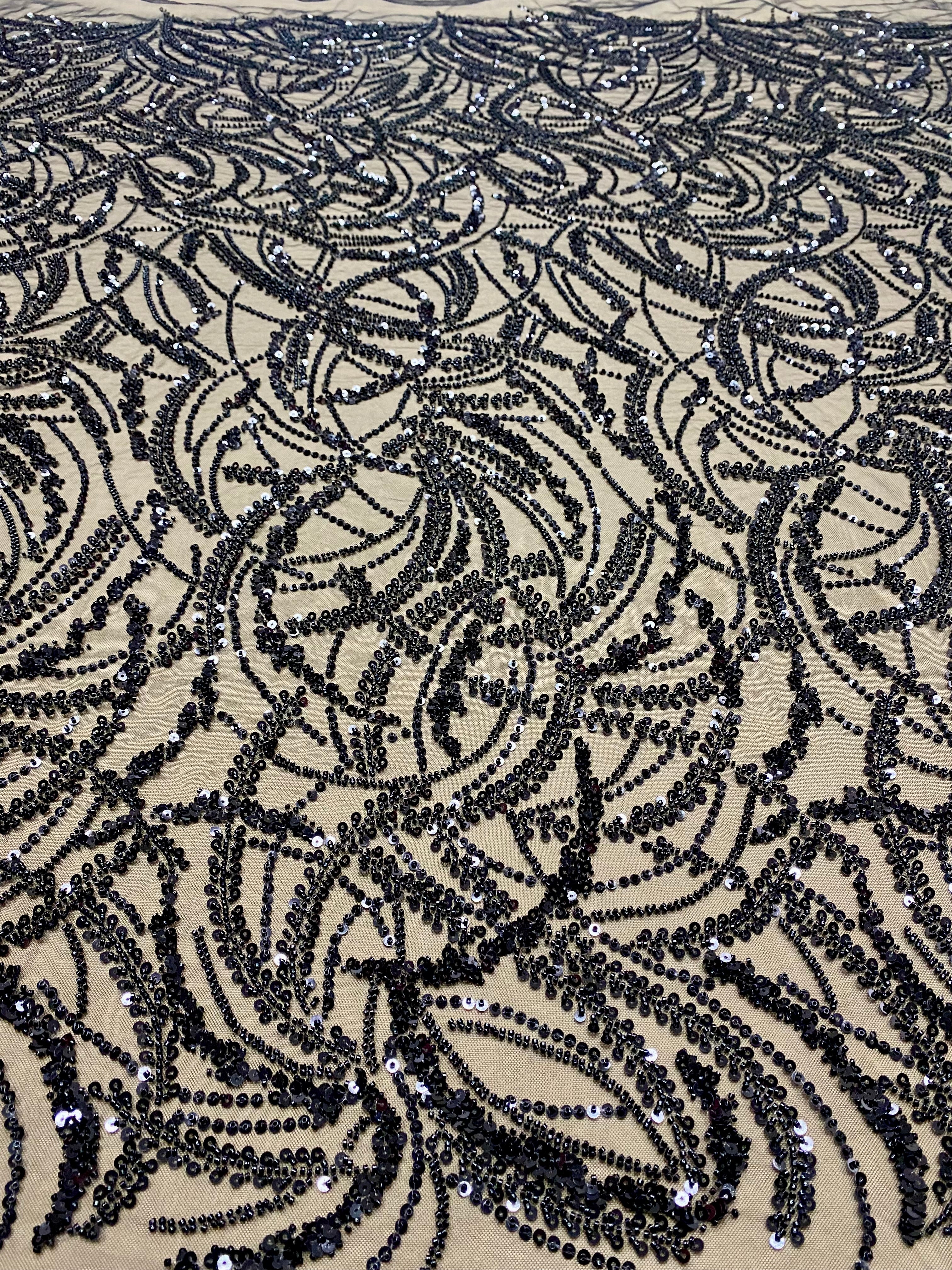Dantela Couture Neagra cu Model Geometric, Margele si Paiete
