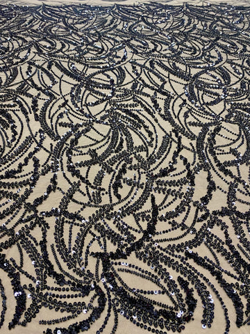 Dantela Couture Neagra cu Model Geometric, Margele si Paiete