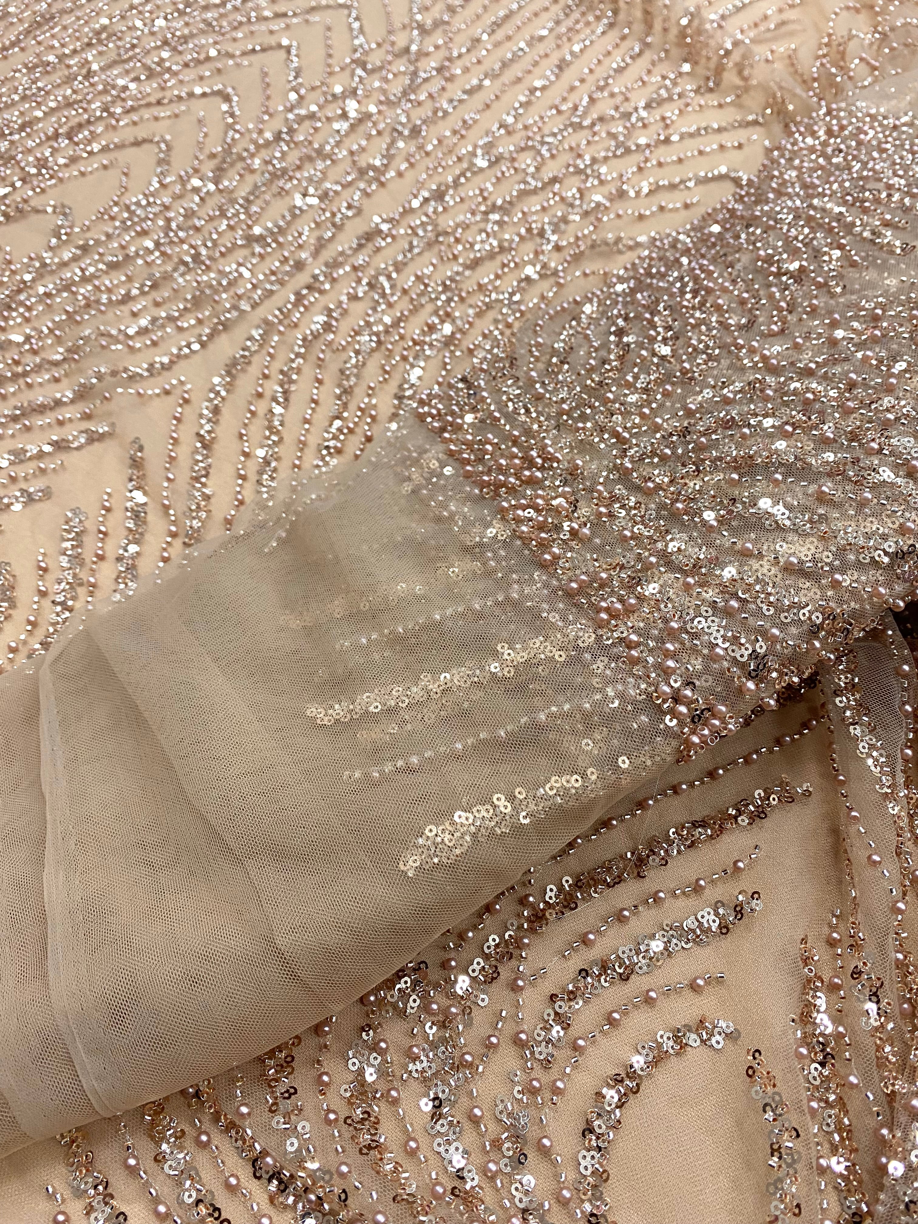 Dantela Couture Auriu Rose cu Panou, cu Perle, Margele si Paiete