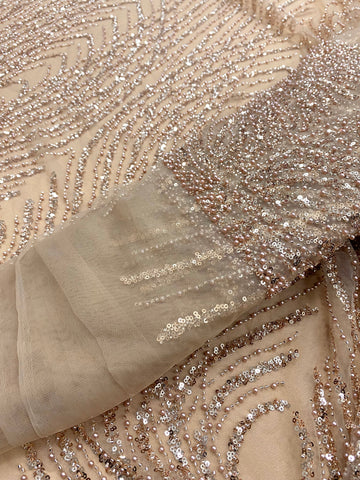 Dantela Couture Auriu Rose cu Panou, cu Perle, Margele si Paiete