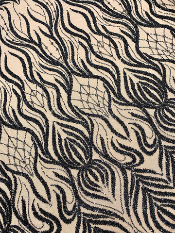 Dantela Couture Neagra cu Model Geometric, cu Margele si Paiete