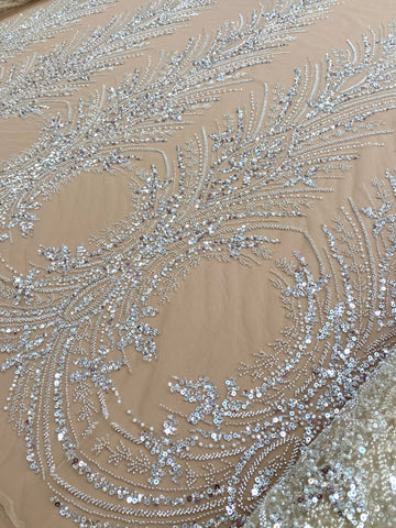 Dantela Couture Argintie cu Tulle Nude cu Panou, cu Perle, Margele si Paiete