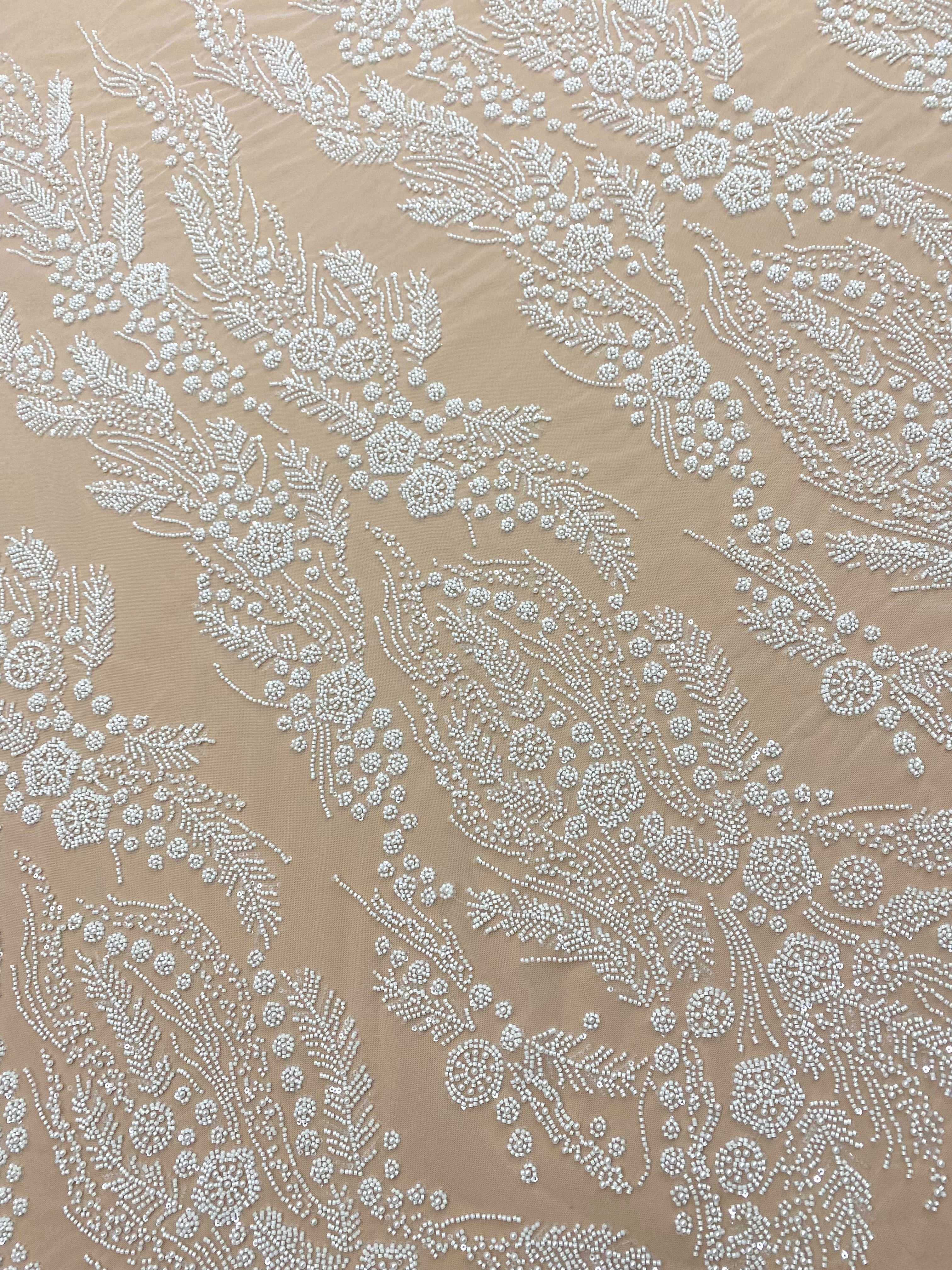 Dantela Couture Ivory cu Model Floral, Perle, Margele si Paiete