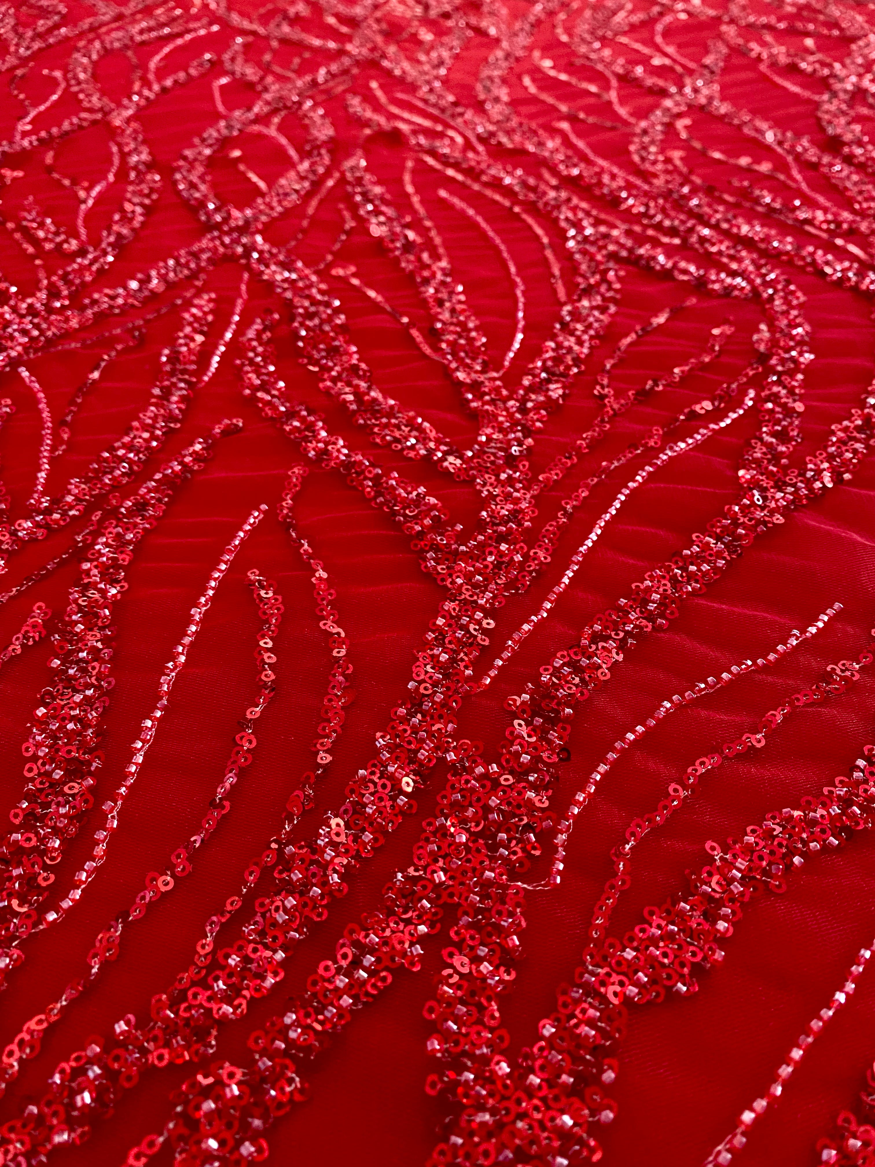 Red Couture Lace with Beads, Beads and Sequins