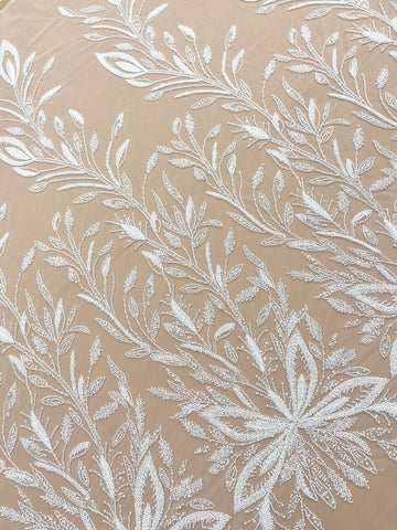 Dantela Couture Ivory cu Model Floral, cu Perle, Margele si Paiete