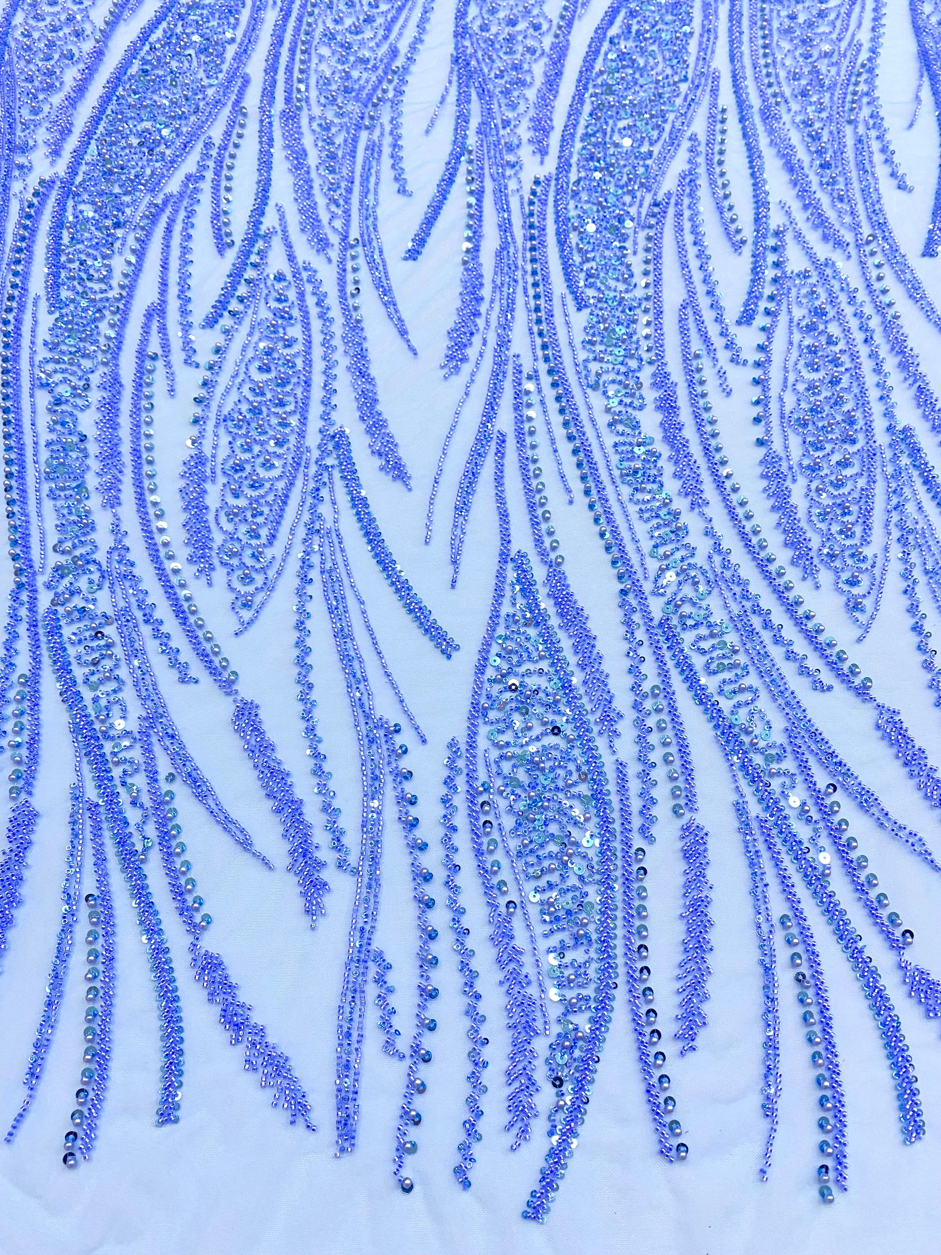 Dantela Couture Sky Blue cu Panou, cu Perle, Margele si Paiete