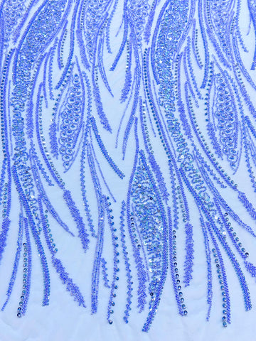Dantela Couture Sky Blue cu Panou, cu Perle, Margele si Paiete