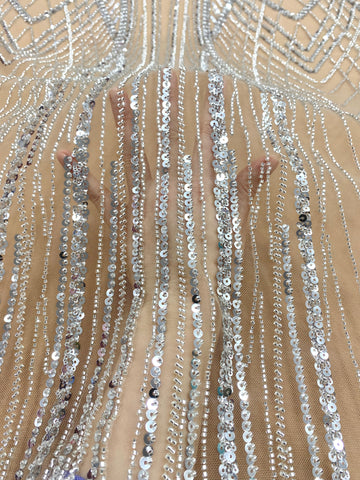 Dantela Couture Argintie pe Tulle Nude cu Panou, cu Margele si Paiete