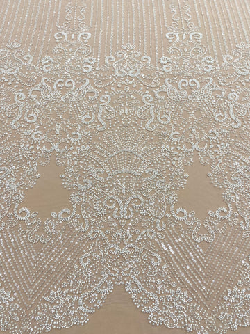 Dantela Couture Ivory cu Model Geometric, cu Perle, Margele si Paiete
