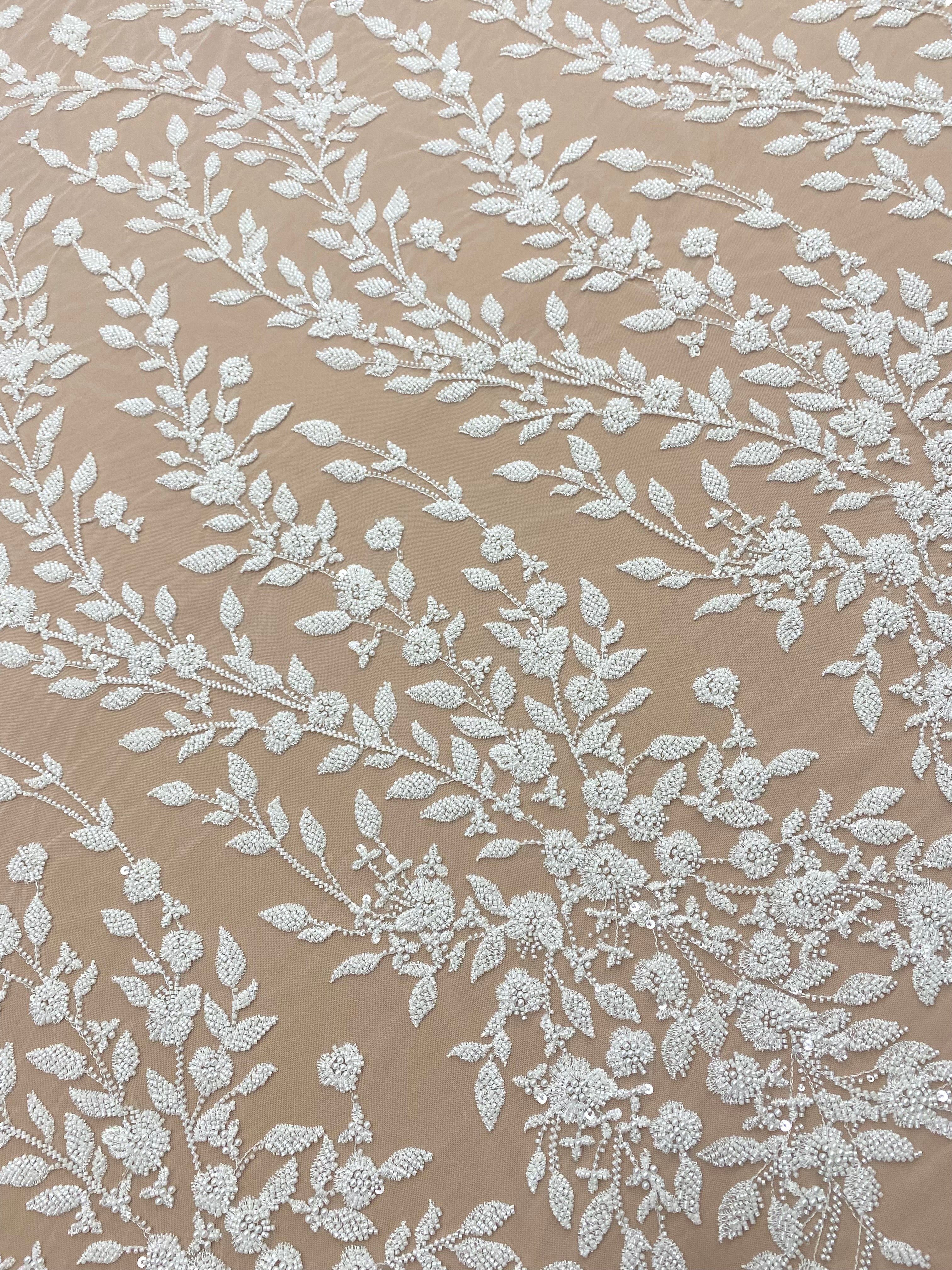 Dantela Couture Ivory cu Model Floral, Perle, Margele si Paiete