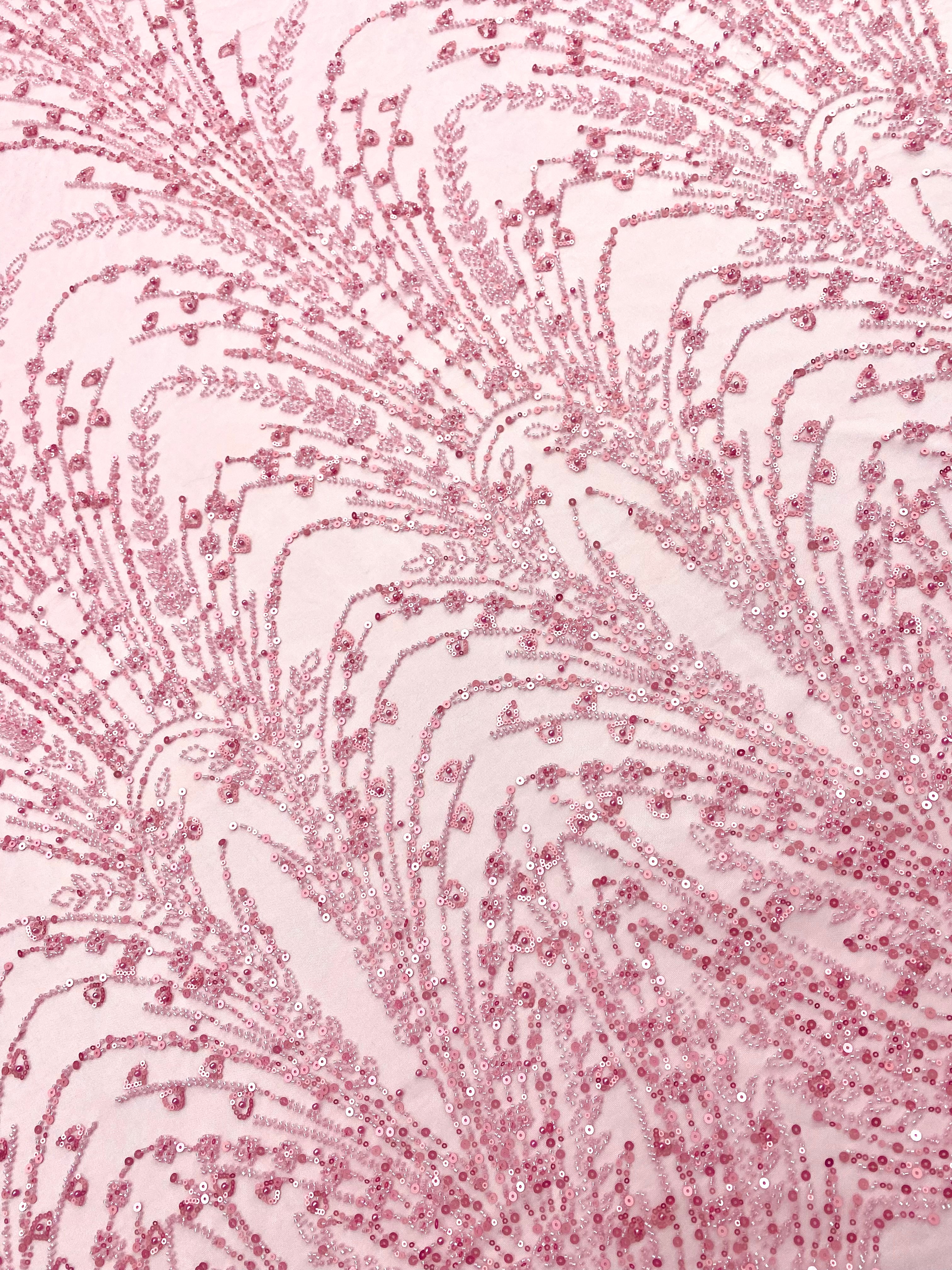 Dantela Couture Roz cu Model Geometric, cu Perle, Margele si Paiete