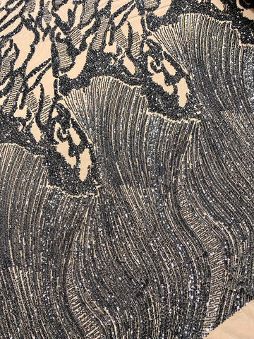 Dantela Couture Neagra cu Model Geometric, cu Margele si Paiete