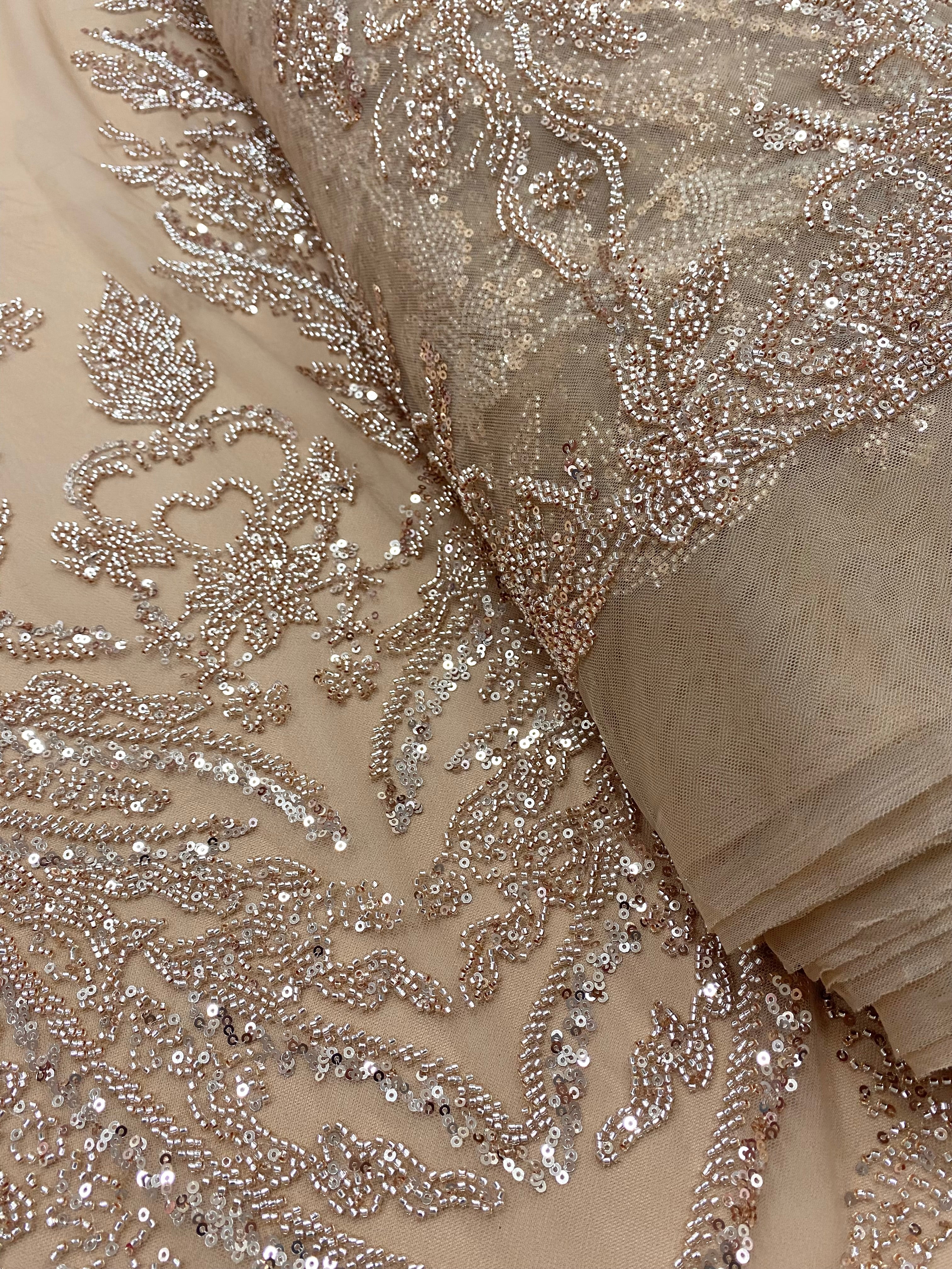 Dantela Couture Auriu Rose cu Model Floral, cu Margele si Paiete