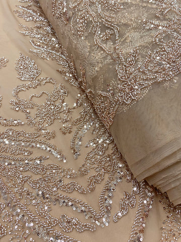 Dantela Couture Auriu Rose cu Model Floral, cu Margele si Paiete