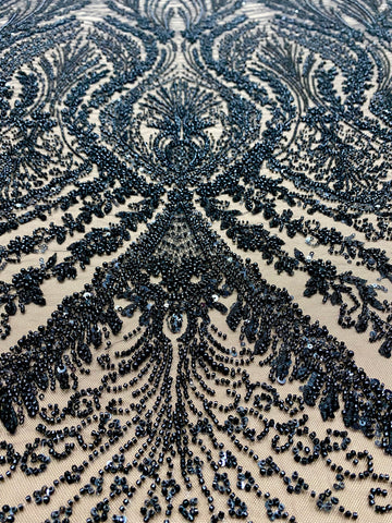 Dantela Couture Neagra cu Model Geometric, cu Perle, Margele si Paiete