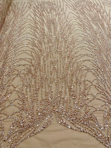 Dantela Couture Auriu Rose cu Model Liniar, cu Margele si Paiete