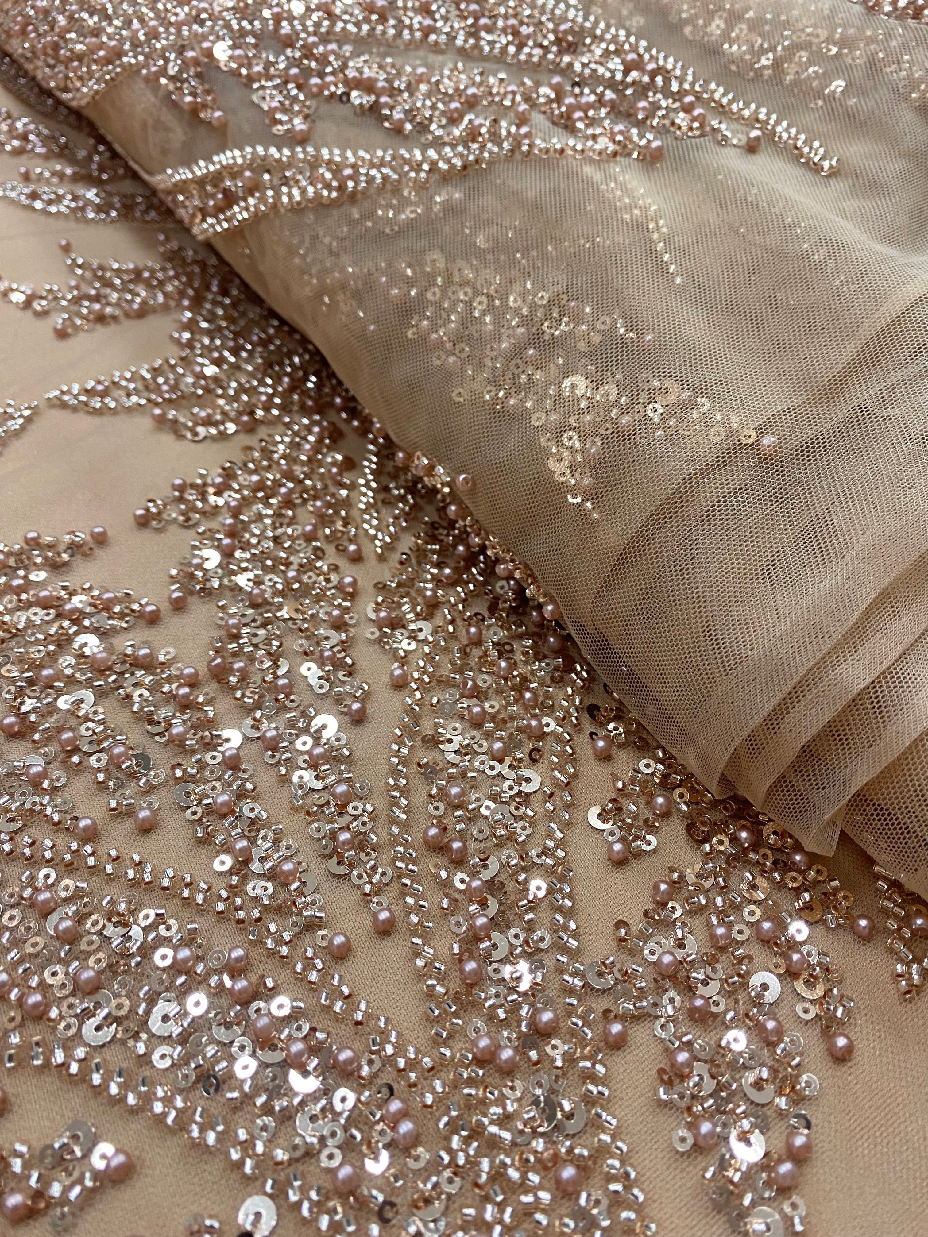 Dantela Couture Auriu Rose cu Panou, cu Perle, Margele si Paiete