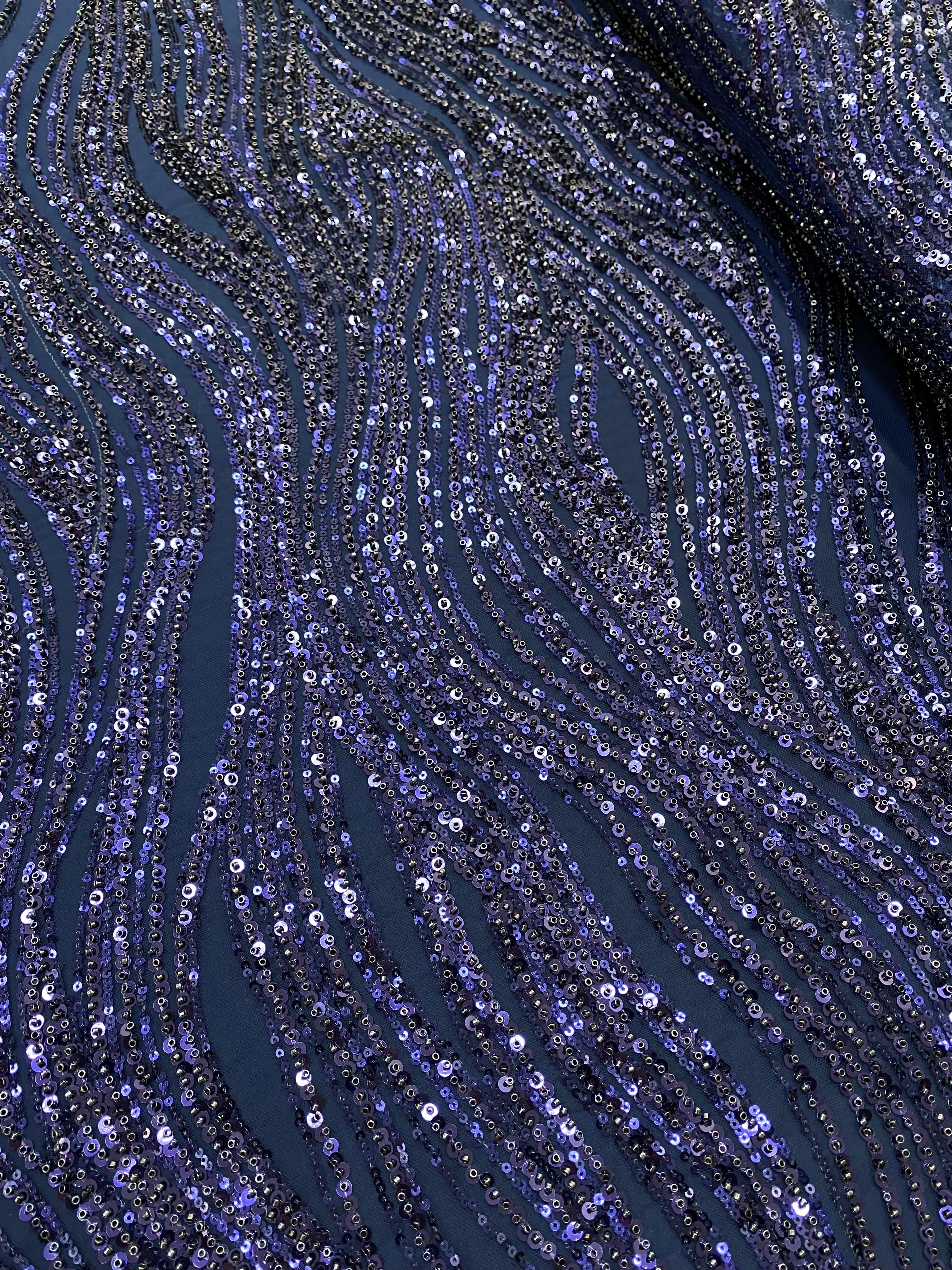 Dantela Couture Bleumarin cu Model Liniar, cu Margele si Paiete