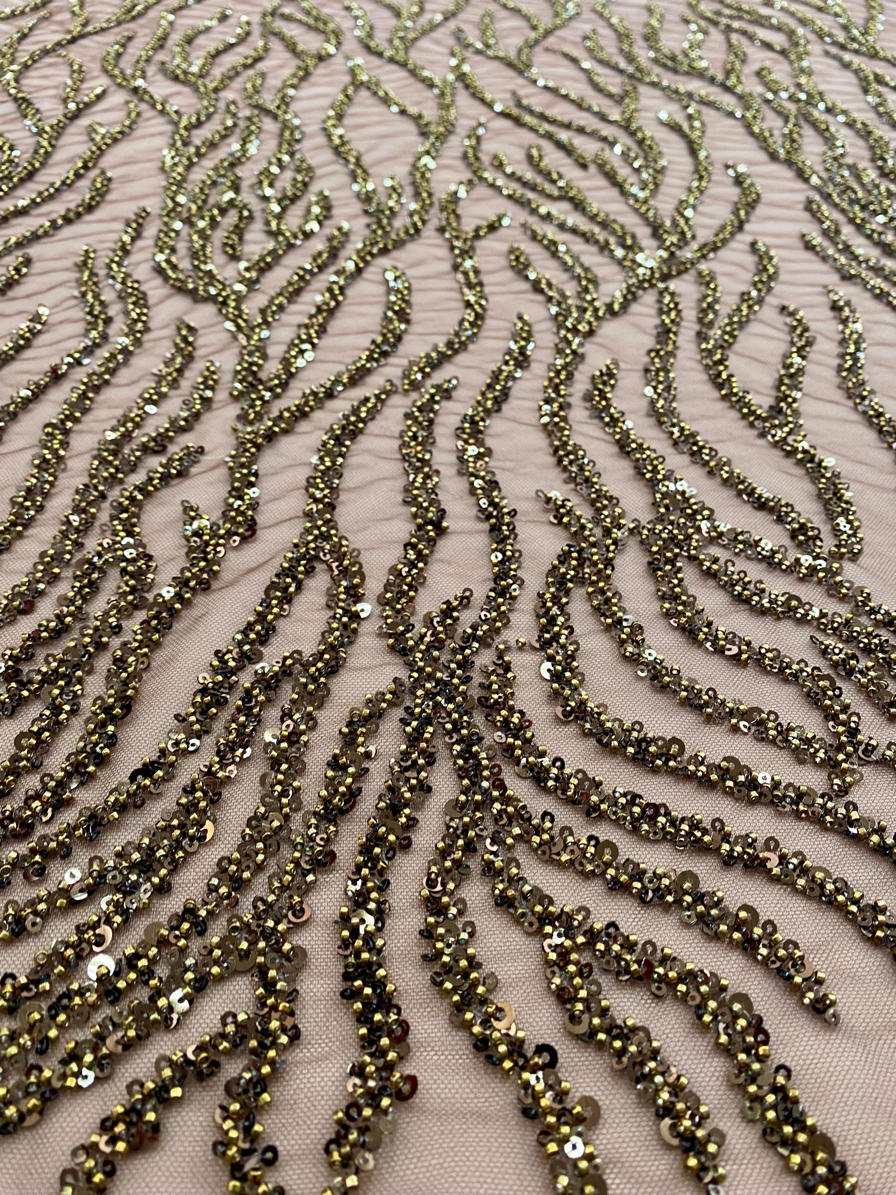 Dantela Couture Auriu Antic Siraguri, cu Margele si Paiete