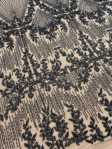 Dantela Couture Neagra cu Model Geometric, cu Perle, Margele si Paiete