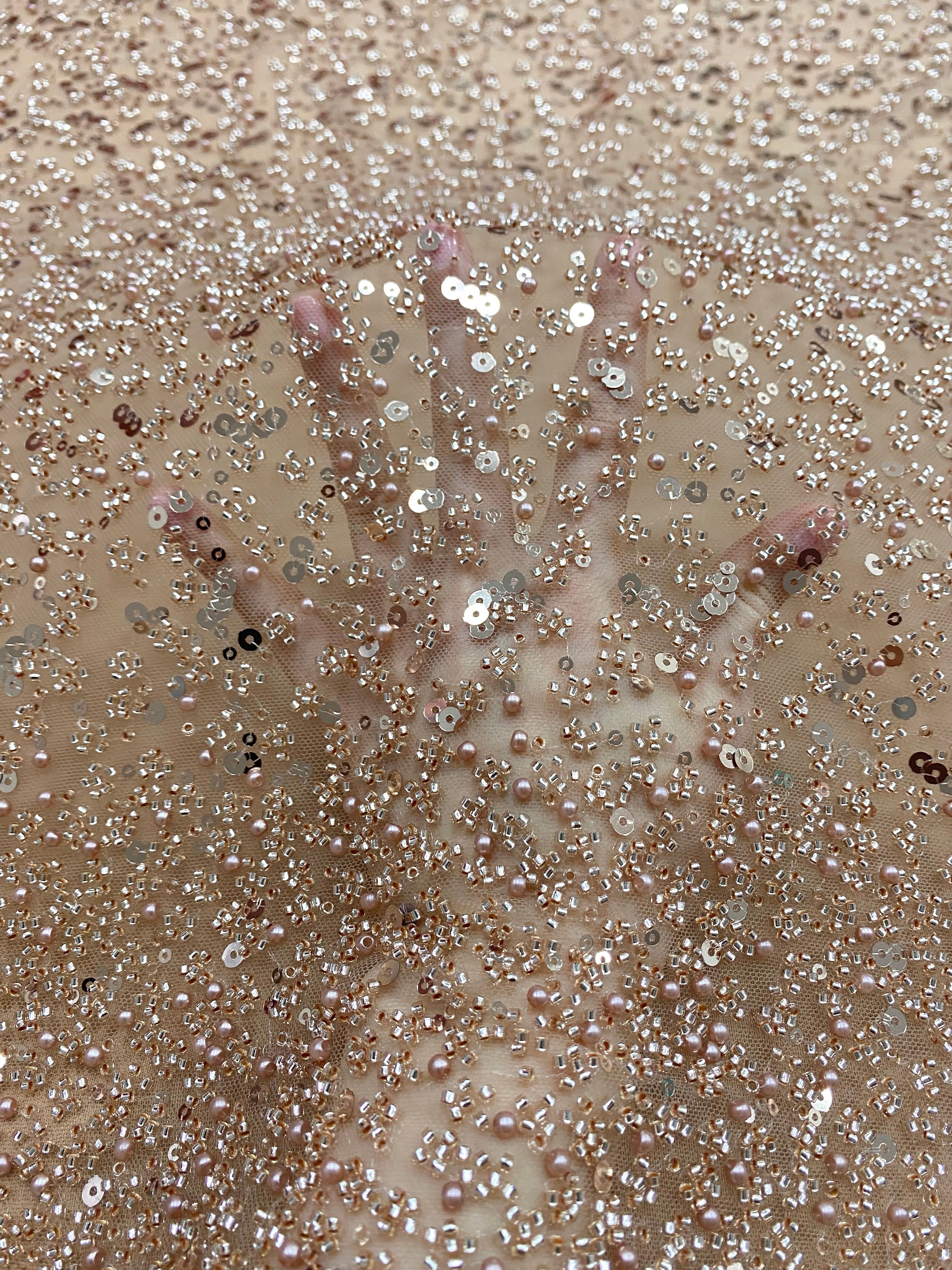 Dantela Couture Auriu Rose in Degrade, cu Perle, Margele si Paiete