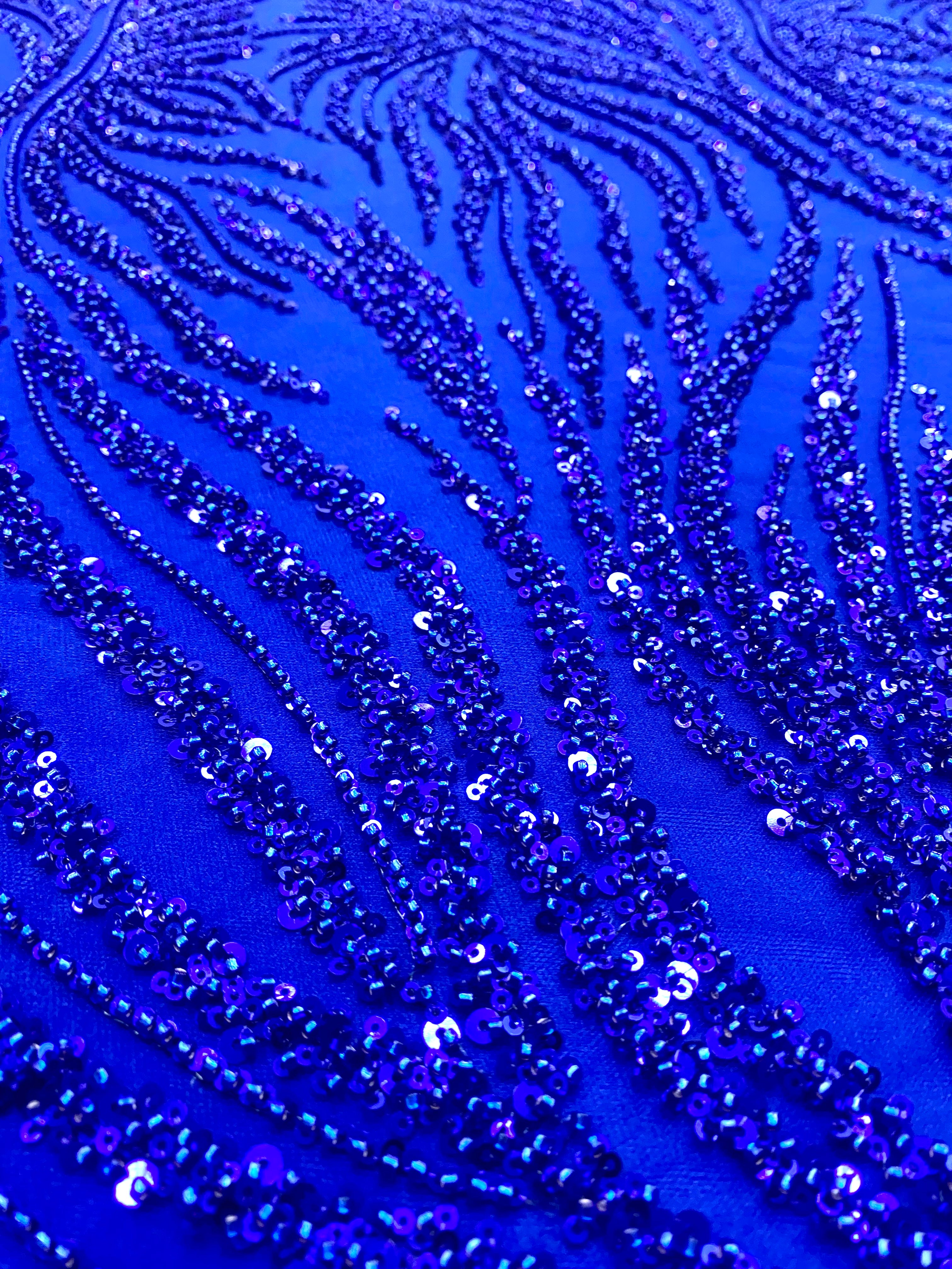 Dantela Couture Albastru Royal cu Model Liniar, cu Margele si Paiete