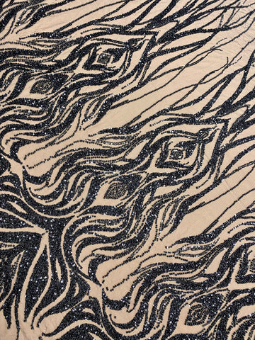 Dantela Couture Neagra cu Model Geometric, cu Perle, Margele si Paiete