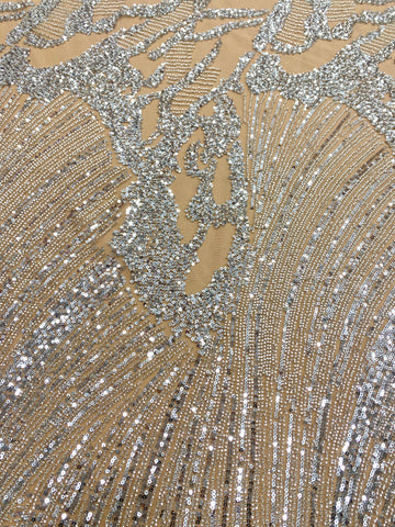 Dantela Couture Argintie pe Tulle Nude cu Model Geometric, cu Margele si Paiete
