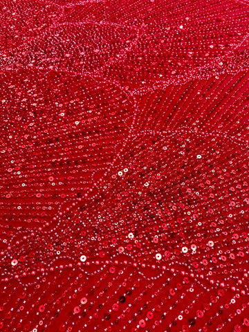 Dantela Couture Rosie cu Model Geometric, cu Perle, Margele si Paiete