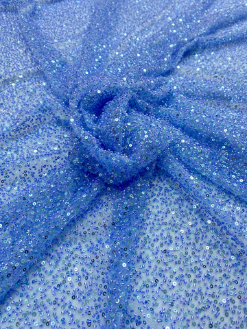 Dantela Couture Sky Blue cu Model General, cu Margele si Paiete