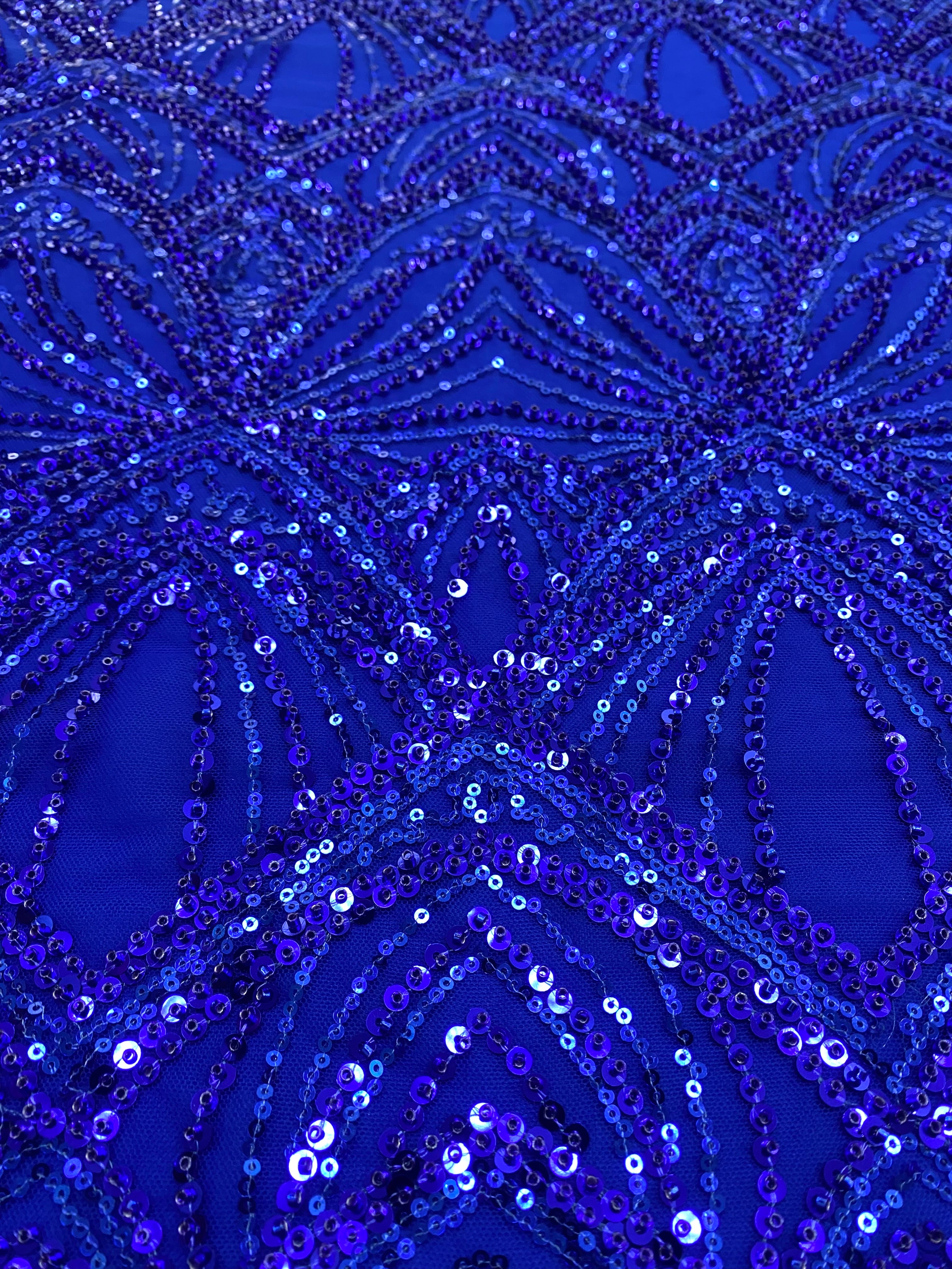 Dantela Couture Albastru Royal cu Model Geometric, cu Perle si Margele