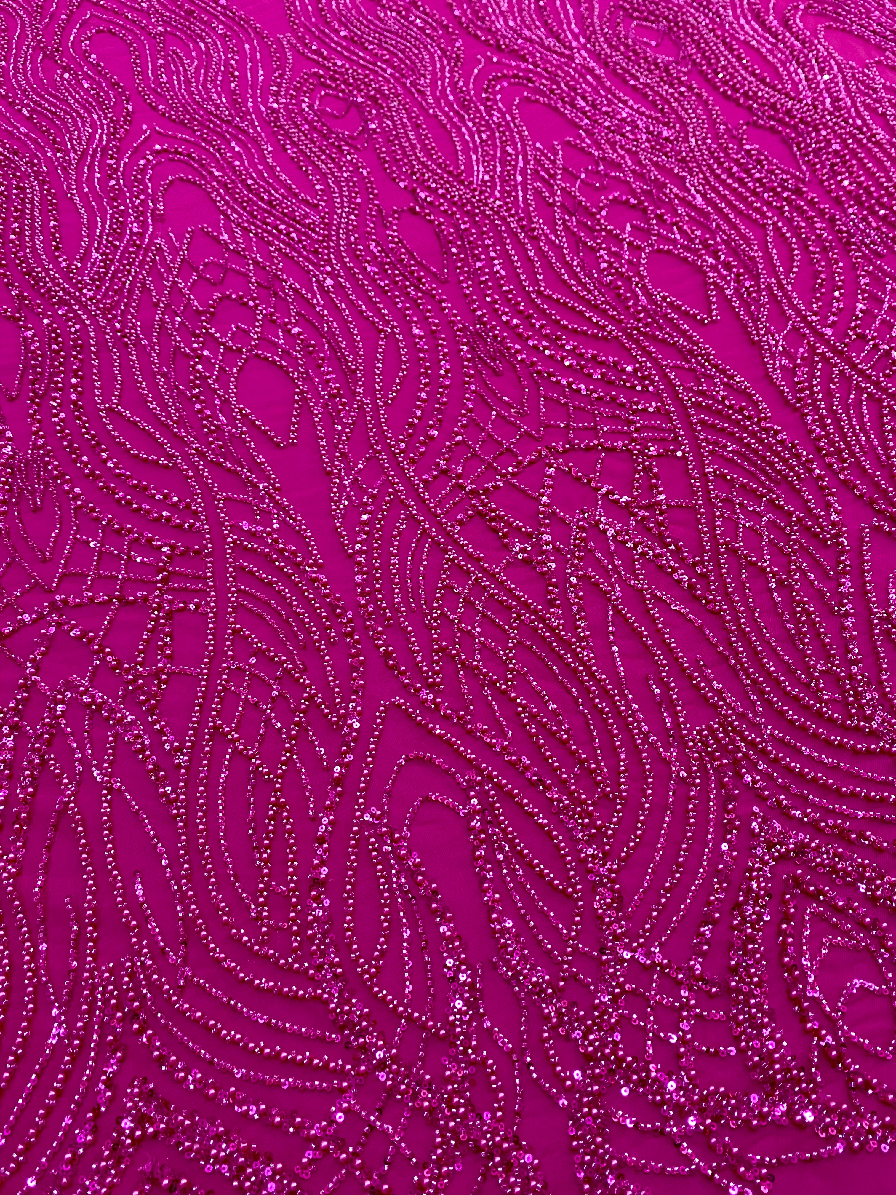 Dantela Couture Fucsia cu Perle, Margele si Paiete