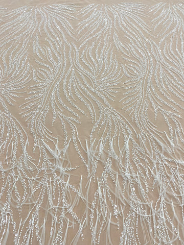 Dantela Couture Ivory cu Pene de Strut, cu Siraguri, cu Margele si Paiete