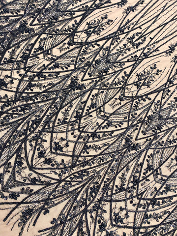 Dantela Couture Neagra cu Model Geometric, cu Perle, Margele si Paiete