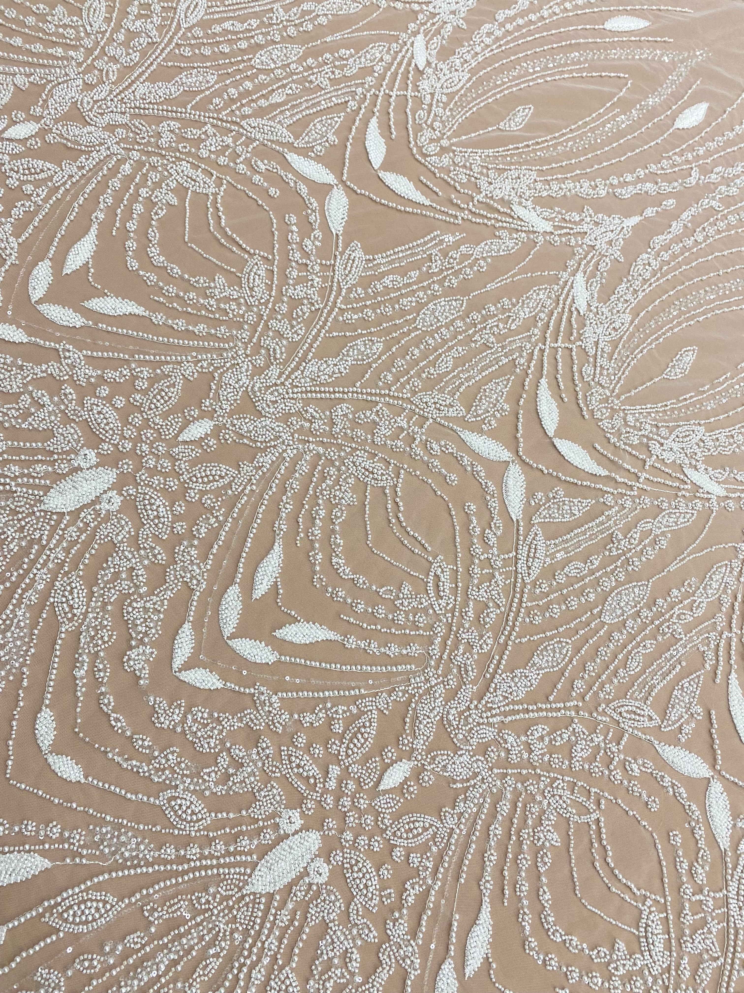 Dantela Couture Ivory cu Model Geometric, cu Perle, Margele si Paiete