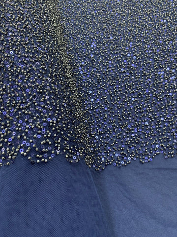 Dantela Couture Bleumarin cu Model General, cu Margele si Paiete