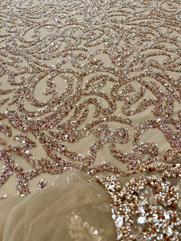 Dantela Couture Auriu Rose cu Model Geometric, cu Margele si Paiete