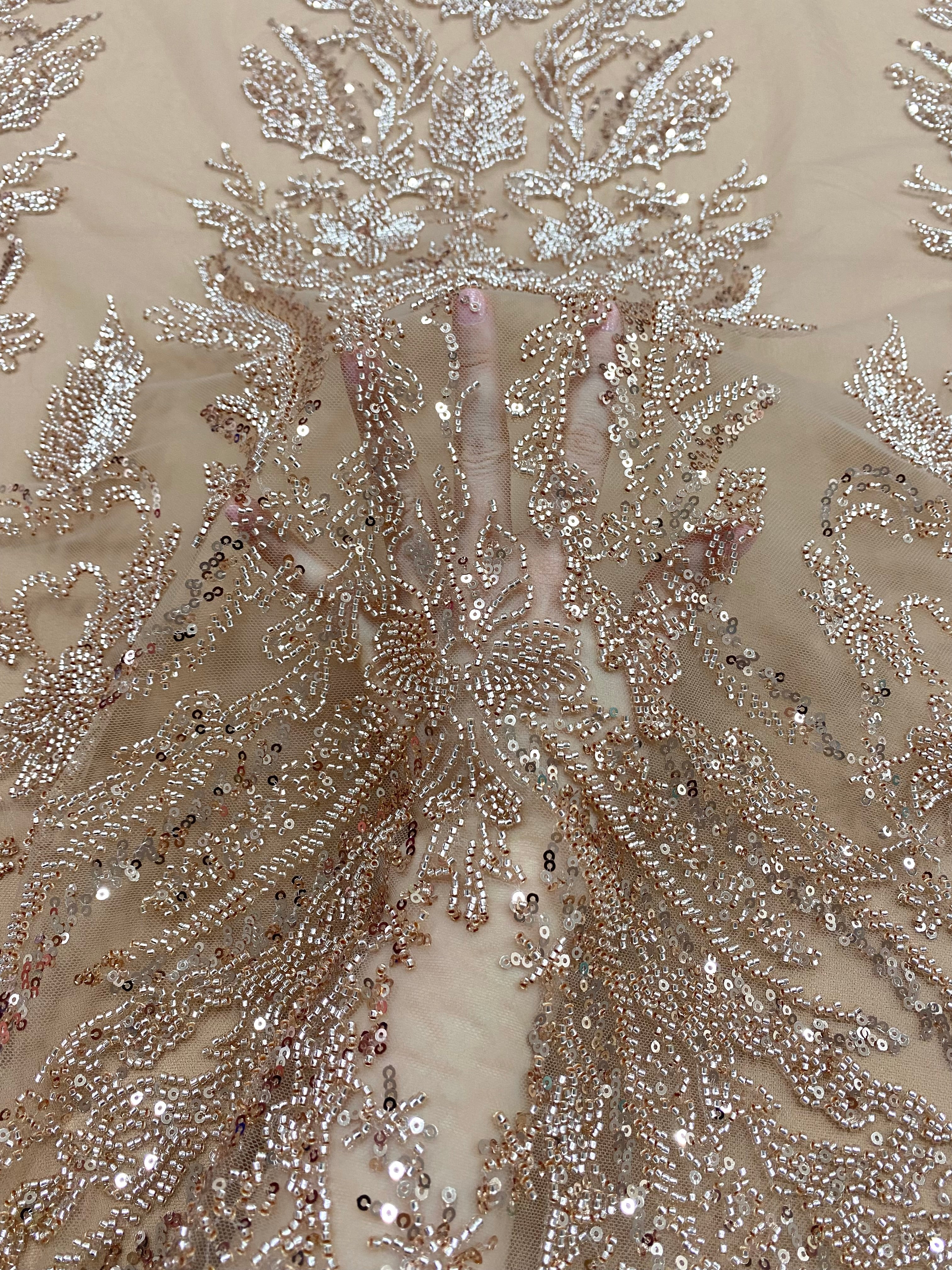 Dantela Couture Auriu Rose cu Model Floral, cu Margele si Paiete