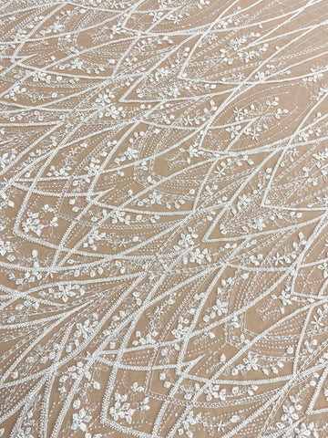 Dantela Couture Ivory cu Model Geometric, cu Perle, Margele si Paiete