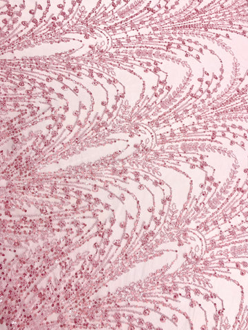 Dantela Couture Roz cu Model Geometric, cu Perle, Margele si Paiete