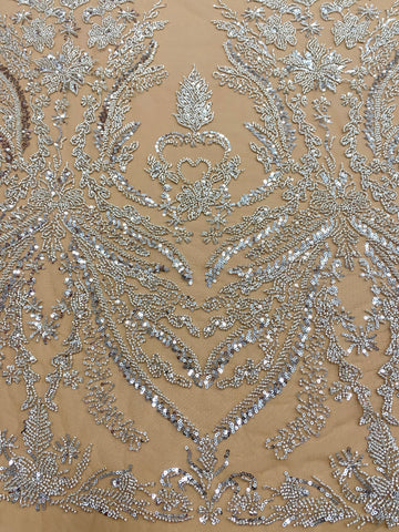 Dantela Couture Argintie pe Tulle Nude, cu Model Floral, cu Margele si Paiete