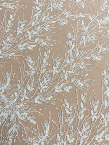 Dantela Couture Ivory cu Model Floral, Perle, Margele si Paiete