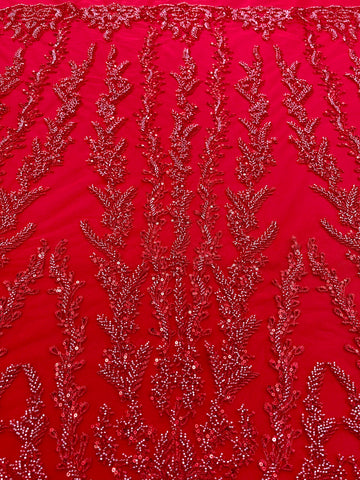 Piros Couture csipke geometriai mintával, gyöngyökkel, gyöngyöcskékkel és flitterekkel