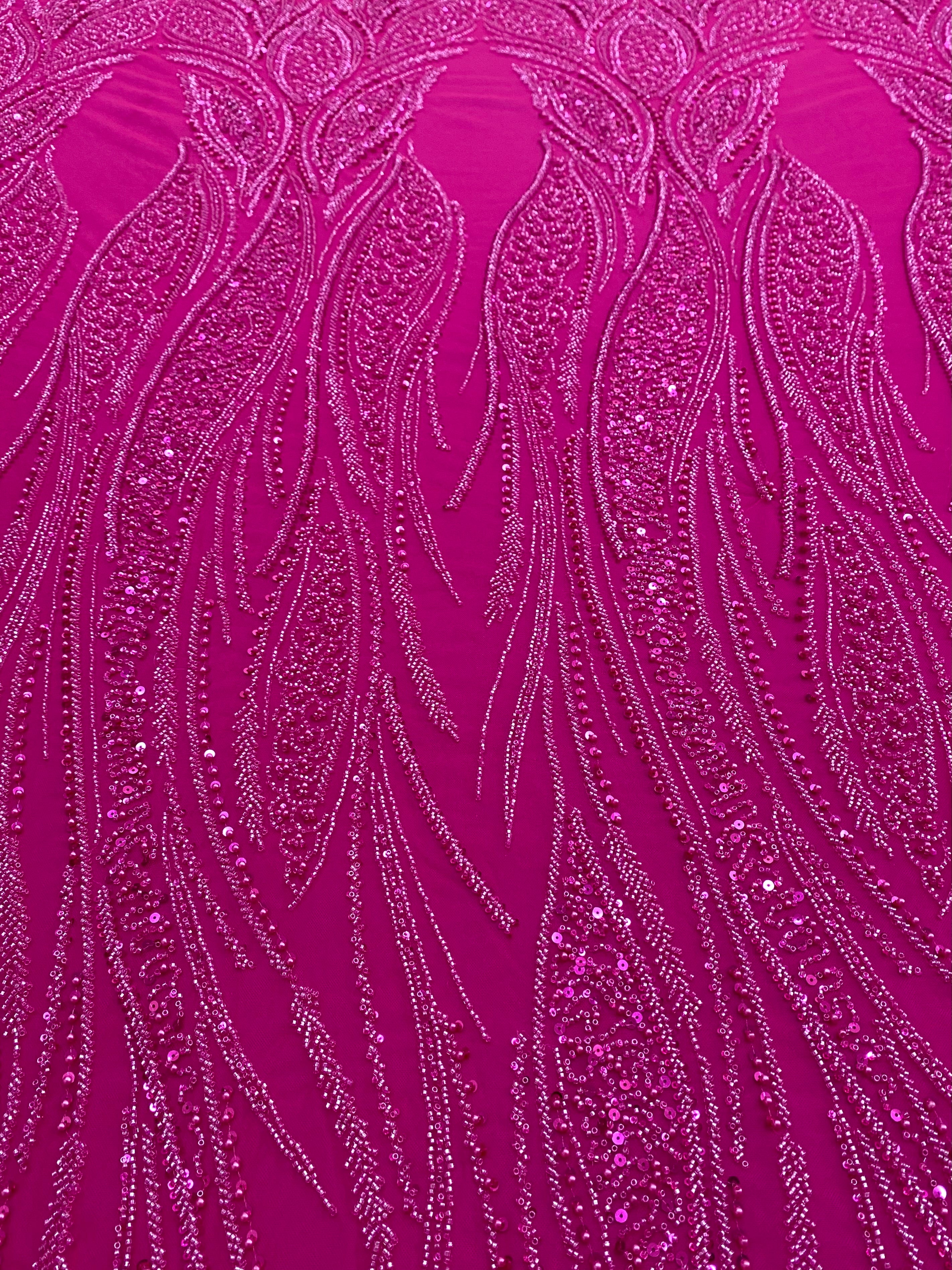 Dantela Couture Fucsia cu Panou, cu Perle, Margele si Paiete