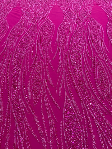 Dantela Couture Fucsia cu Panou, cu Perle, Margele si Paiete