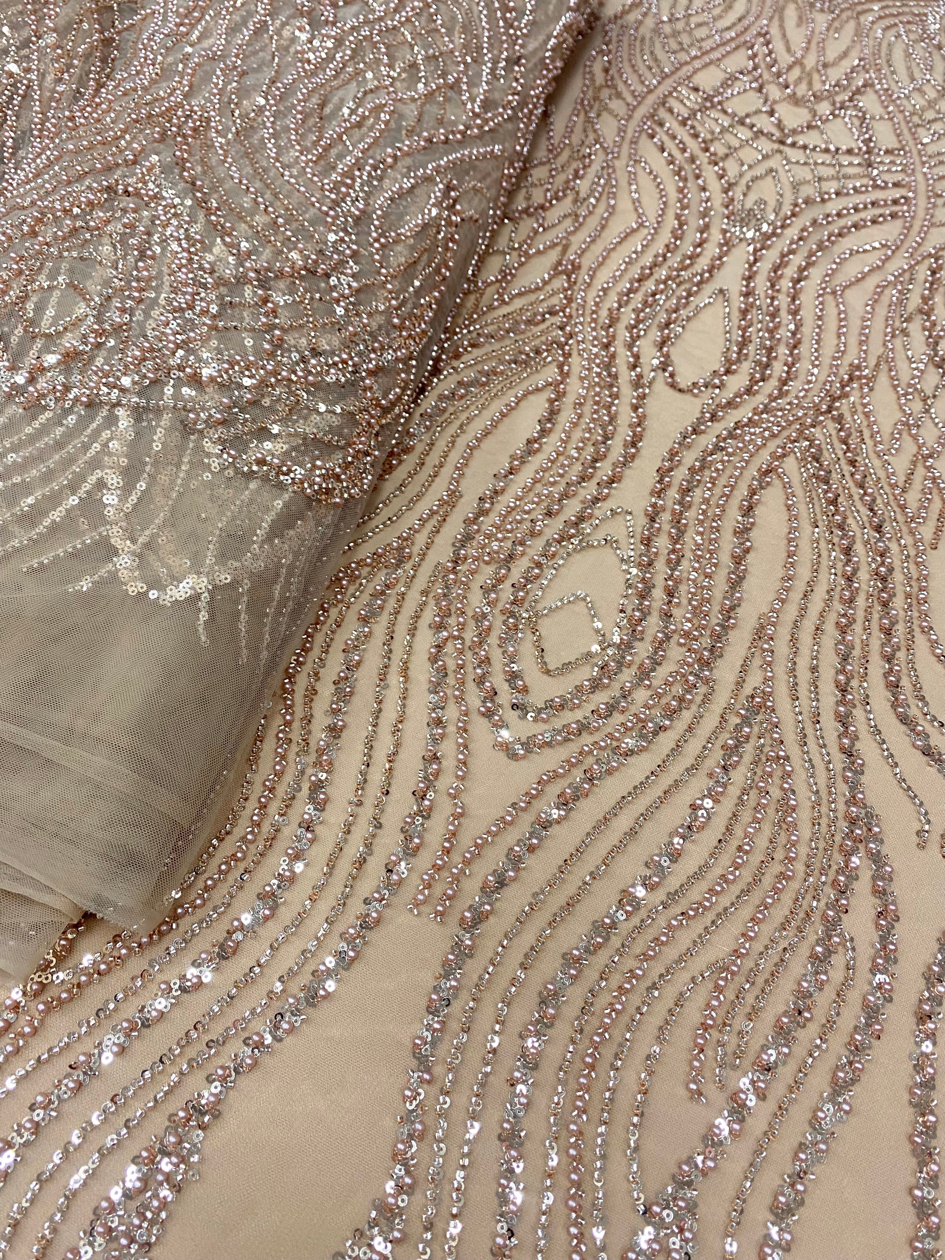 Dantela Couture Auriu Rose cu Perle, Margele si Paiete