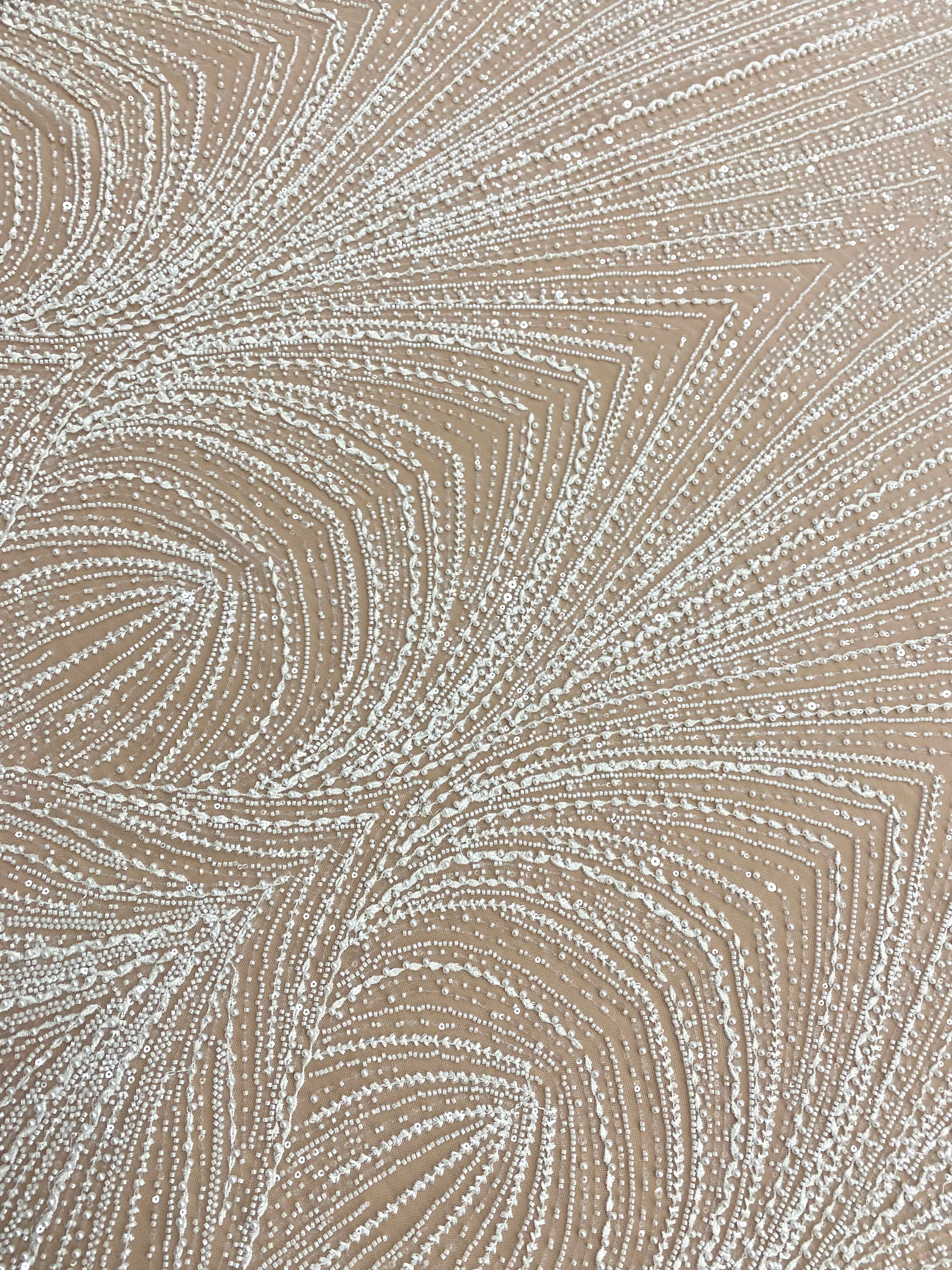 Dantela Couture Ivory cu Model Geometric, cu Perle, Margele si Paiete